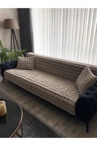 Tüylü Dokuma Bubble Peluş Yıkanabilir Koltuk Çekyat Örtüsü Büyük Boy (175x215) VİZON